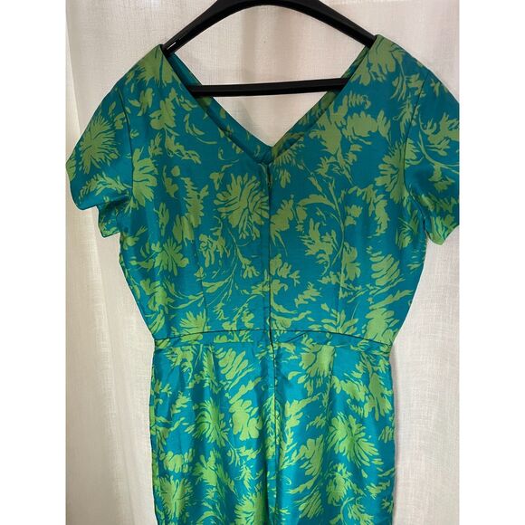 Vintage Handmade Blue & Green Floral Sheath Dress Medium Short Sleeves 1950s - Picture 6 of 8